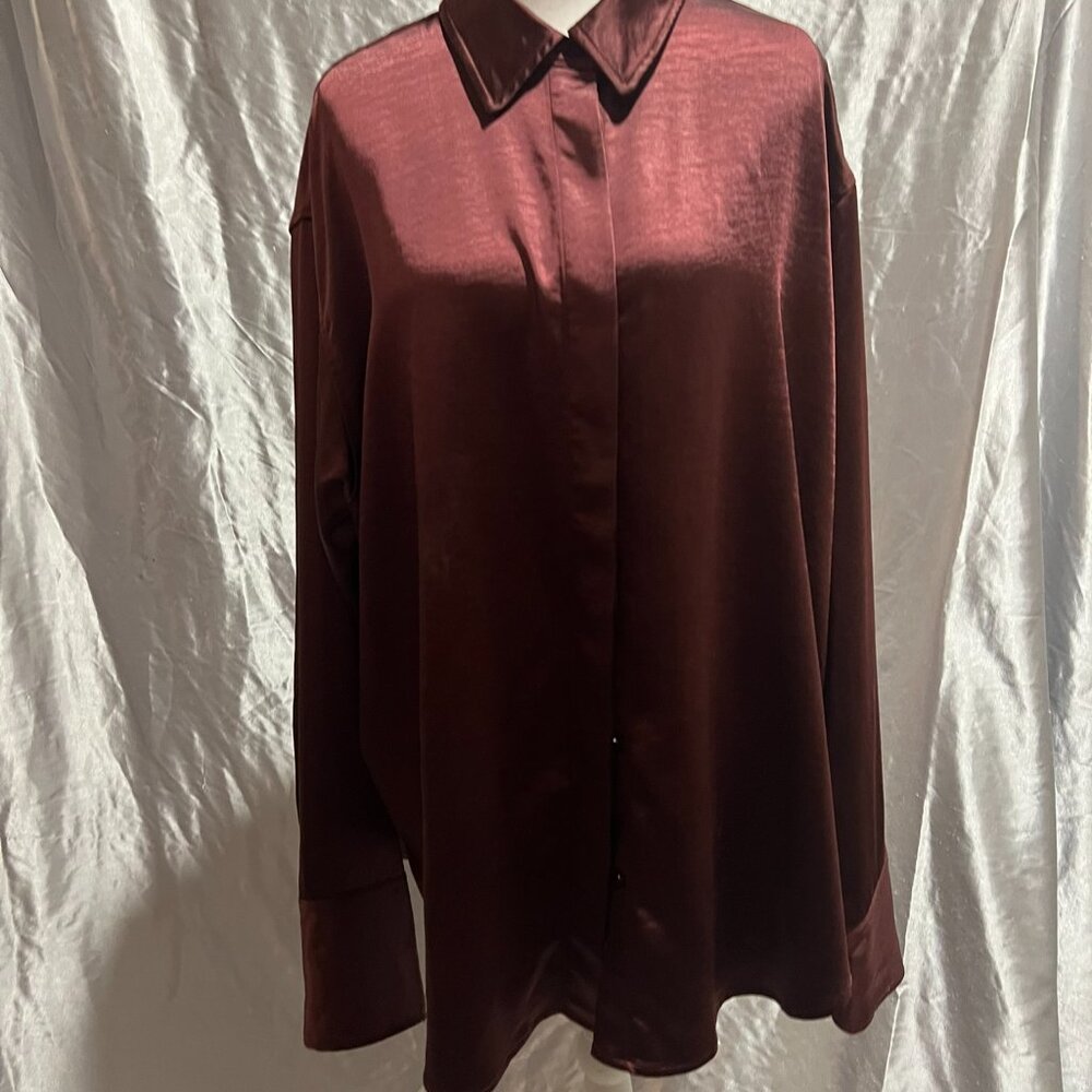 Good American Deep Plum Satin Button-down shirt Sz LG/XL